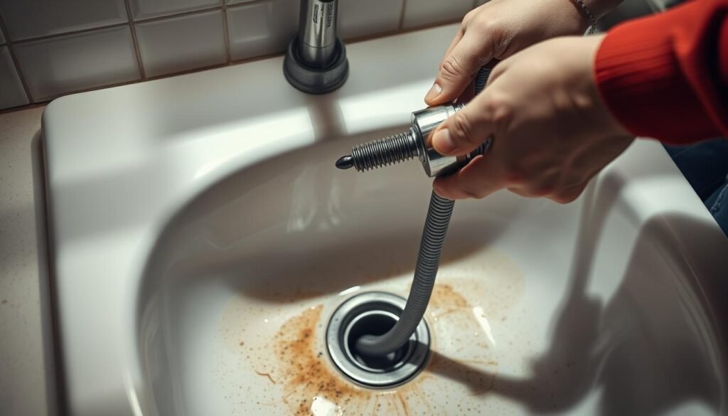 A professional plumber using a steel plumbing snake to clear a clogged sink drain. The snake is extended into the drain, its coiled metal form emerging from the sink basin. Bright task lighting illuminates the scene, casting dramatic shadows. The plumber's hands firmly grip the snake's rotating handle, applying focused pressure to dislodge the stubborn blockage. The sink is set against a tiled backsplash, conveying a sense of a practical, well-equipped utility space. The overall atmosphere is one of problem-solving determination, with the plumbing snake as the essential tool for the job.