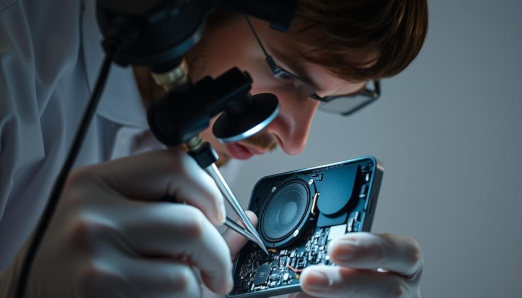 A professional technician intently examining a disassembled smartphone speaker using a variety of tools and magnifying equipment. Bright, evenly lit studio setting with a clean, minimalist backdrop, emphasizing the focus on the intricate repair work. Tight, up-close angles capture the detailed mechanics and circuit board components, conveying a sense of precision and expertise. The technician's face is obscured, keeping the attention on the task at hand. An atmosphere of thoughtful problem-solving and careful troubleshooting.