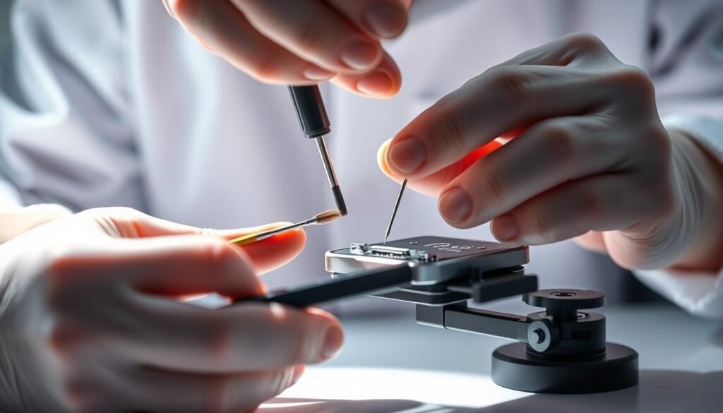 A professional technician using specialized tools and equipment to meticulously clean and maintain the charging port of an electronic device. Bright studio lighting illuminates the scene, casting subtle shadows that accentuate the intricate details. The technician's hands are steady and focused, wielding tiny brushes and probes to gently dislodge debris and restore the port to pristine condition. The device is secured in a specialized holder, ensuring a stable and controlled cleaning process. The overall atmosphere conveys a sense of precision, care, and attention to detail – the hallmarks of a true expert's approach to maintaining the integrity and functionality of delicate electronic components.