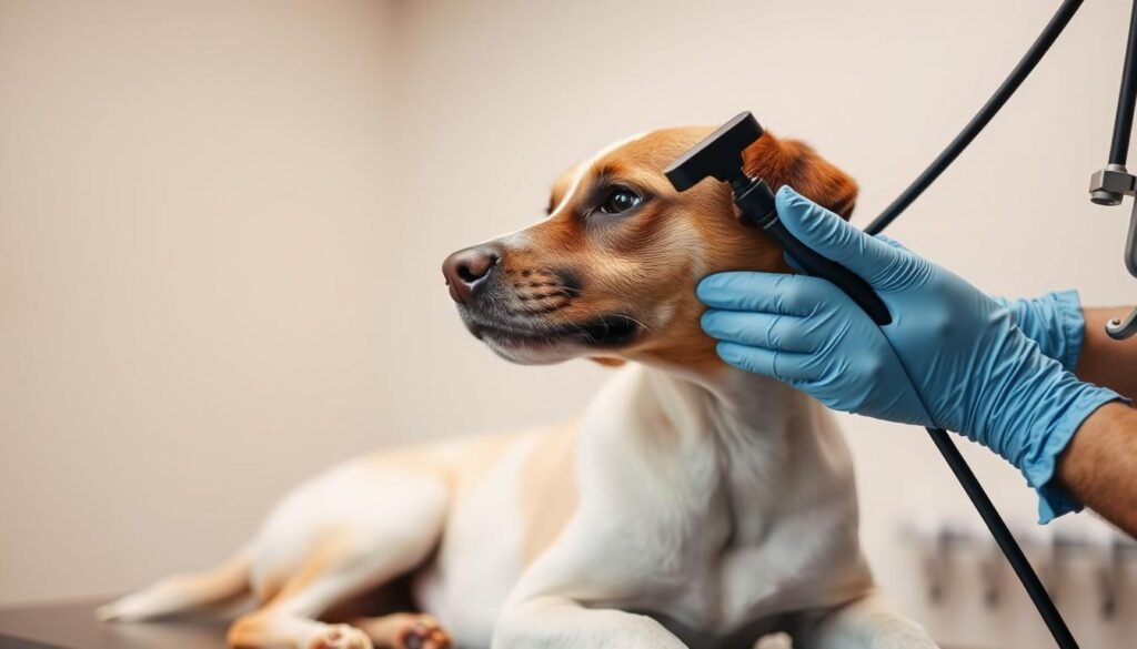 A professional veterinarian examining a dog's ear with a specialized otoscope in a well-lit, sterile clinic setting. The veterinarian's hands are wearing latex gloves as they gently probe the dog's ear canal, assessing any inflammation or buildup. The dog is calm and cooperative, lying on an examination table with a caring expression. The background is blurred, emphasizing the clinical focus on the ear procedure. Soft, even lighting illuminates the scene, conveying a sense of attentive care and medical expertise.