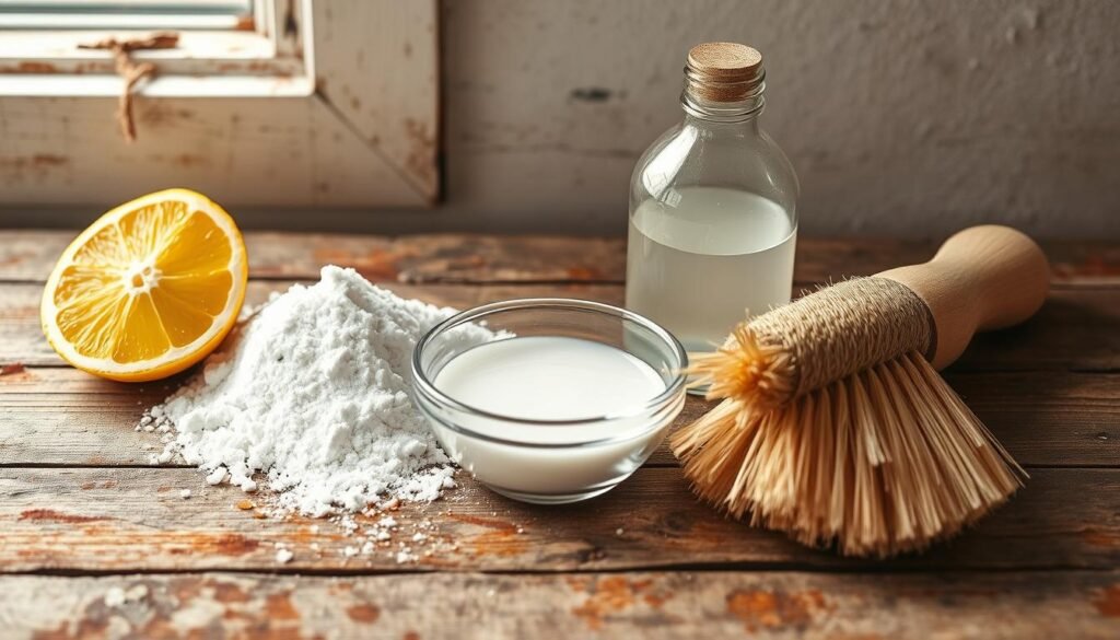 A rustic still life scene showcasing a variety of natural remedies for rust: a lemon wedge, a handful of baking soda, a small bowl of white vinegar, and a scrub brush made of natural fibers. The items are arranged on a worn wooden surface, with a neutral background that allows the textures and colors to take center stage. Soft, natural lighting from a window bathes the scene in a warm, inviting glow, highlighting the organic simplicity of the remedies. The overall mood is one of eco-friendly practicality, hinting at the effectiveness of these natural solutions for removing rust from stainless steel.
