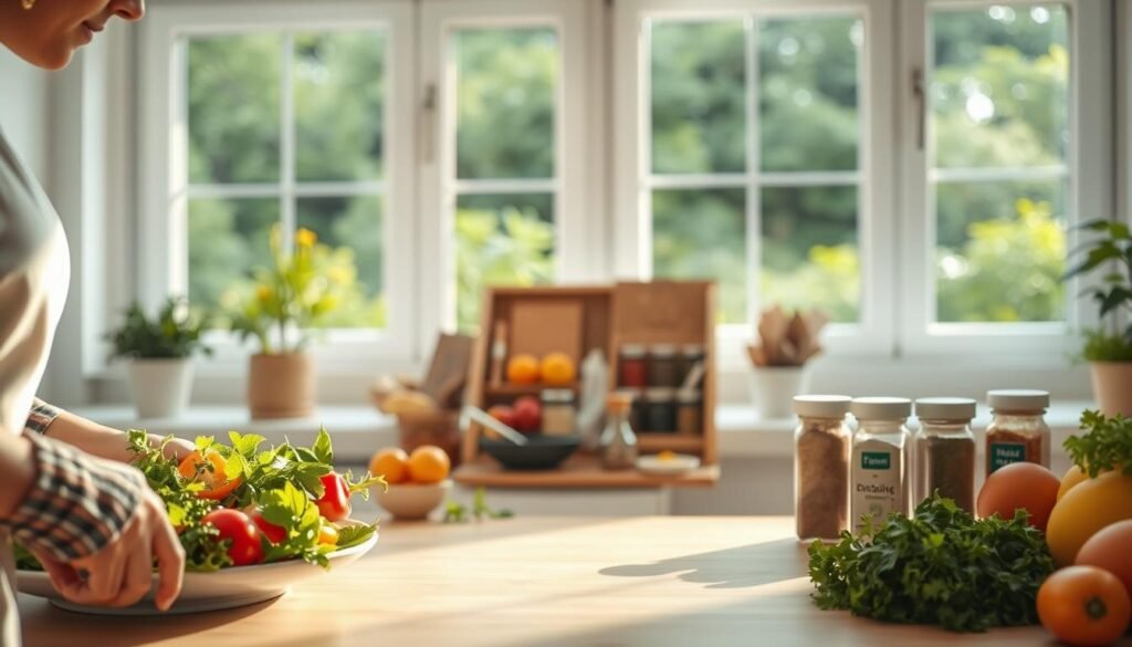 A serene, brightly lit kitchen scene showcasing various lifestyle factors that can help modulate histamine levels. In the foreground, a person prepares a plate of fresh, colorful vegetables and herbs. In the middle ground, an open spice cabinet displays an array of anti-histamine seasonings. The background features large windows overlooking a lush, verdant garden, symbolizing the connection between nature, diet, and histamine regulation. Soft, diffused lighting creates a calming ambiance, while a warm, earthy color palette evokes a sense of balance and well-being. The overall composition conveys the idea of mindful, histamine-conscious living through dietary choices and a harmonious relationship with one's environment.