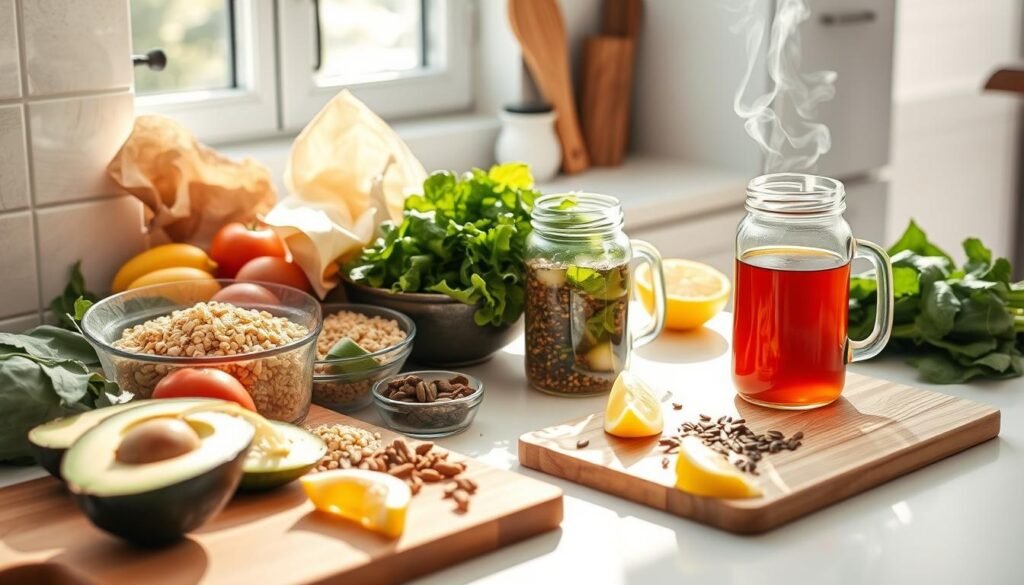 A serene kitchen counter, sunlit and minimalist, displaying a selection of whole, unprocessed foods - fresh vegetables, grains, nuts, and leafy greens. A glass jar of herbal tea steams gently, accompanied by a cutting board with sliced avocado, lemon wedges, and a sprinkle of seeds. The scene conveys a sense of nourishment and balance, reflecting the foundations of a low-histamine dietary approach to reduce inflammation and support overall wellbeing.