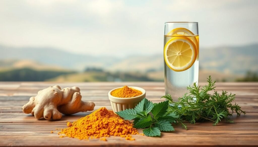 A serene, minimalist scene depicting the natural ways to reduce histamine levels. In the foreground, a collection of soothing, anti-histamine herbs and spices - fresh ginger, turmeric, nettle, and stinging nettles - arranged artfully on a wooden surface. The middle ground shows a glass of water infused with lemon slices, symbolizing hydration as a key histamine-clearing strategy. In the background, a peaceful landscape of rolling hills, with soft, diffused lighting creating a calming, restorative atmosphere. The overall mood evokes a sense of simplicity, balance, and wellness, conveying the practical, step-by-step approach to clearing histamine from the body.