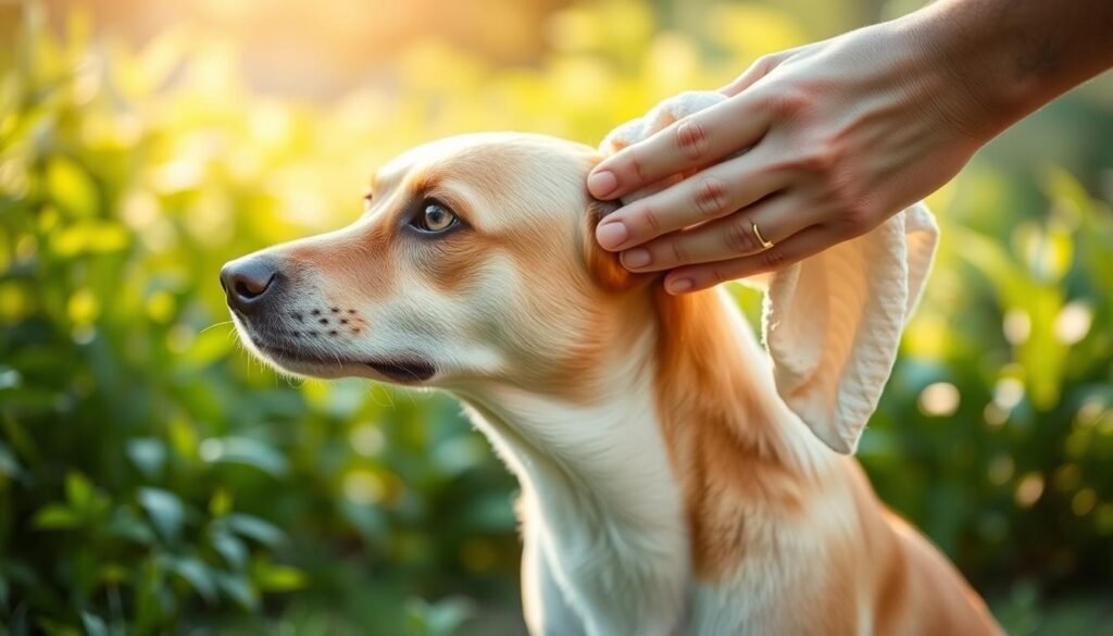 A serene, natural scene of an owner gently cleaning their dog's ear with a soft, damp cloth. The dog sits patiently, its expression calm and trusting. Warm, diffused lighting casts a soothing glow, highlighting the delicate textures of the dog's fur and the careful movements of the owner's hand. In the background, lush greenery frames the scene, creating a peaceful, outdoor atmosphere. The overall mood is one of tranquility and care, capturing the essence of natural, holistic ear cleaning for a dog's health and well-being.