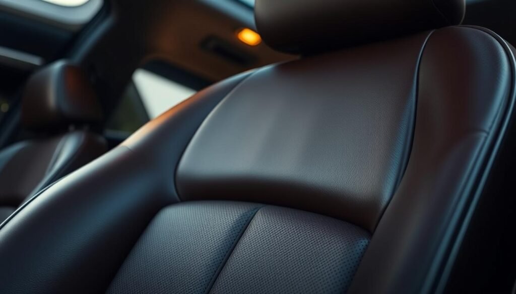 A sleek leather car seat, its surface gleaming under soft, warm lighting. The seat is angled slightly, inviting the viewer to imagine themselves sinking into its supple cushions. The leather has a rich, buttery texture, expertly conditioned and cared for. In the background, a blurred, minimalist interior suggests a high-end luxury vehicle. The lighting casts subtle shadows, highlighting the depth and quality of the leather. The overall scene conveys a sense of refined sophistication and attention to detail, perfectly suited for an article on maintaining the beauty and longevity of leather car seats.