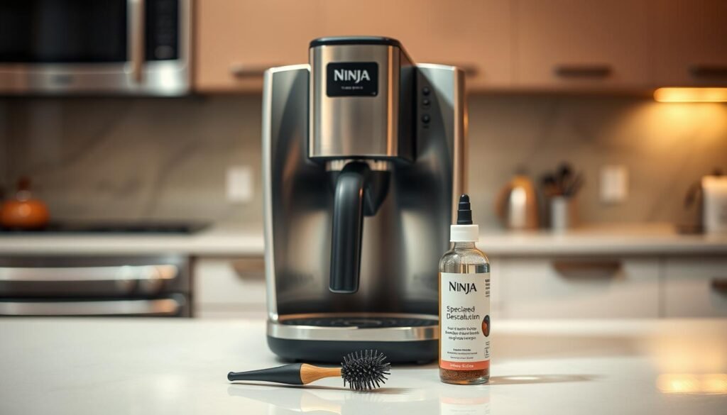 A sleek, modern Ninja coffee maker resting on a pristine kitchen counter, its brushed steel surface gleaming under warm, directional lighting. In the foreground, a small cleaning brush and a bottle of specialized descaling solution stand ready, hinting at the meticulous maintenance required to keep this high-performance appliance in peak condition. The background features subtly blurred appliances and cabinets, creating a sense of depth and focus on the coffee maker's central role in the scene. The overall mood is one of efficiency, attention to detail, and a dedication to producing the perfect cup of coffee, every time.