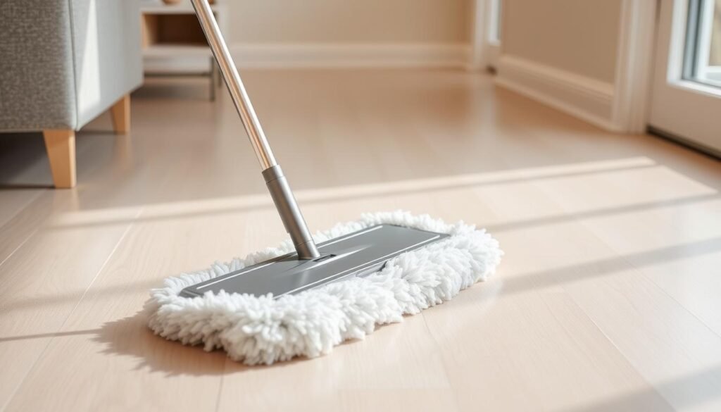 A sleek, modern microfiber mop with a sturdy metal frame, its soft, plush head gently gliding across a pristine, light-reflecting luxury vinyl plank (LVP) floor in a warmly lit, minimalist interior. The mop's handle is angled for ergonomic efficiency, and its swivel head allows for effortless cleaning around furniture and baseboards. The floor's surface shimmers with a subtle sheen, free of any visible dirt or debris, conveying a sense of immaculate cleanliness and daily care. The overall scene exudes a tranquil, serene atmosphere, reflecting the simple yet effective cleaning routine described in the article's "My Simple Routine for Daily and Weekly Care" section.