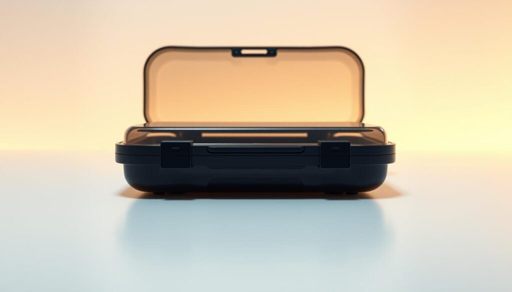 A sleek, modern night guard case resting on a clean, white surface. The case is made of durable, translucent plastic with a minimalist design, allowing the contents to be visible. Soft, indirect lighting from above creates a warm, clinical atmosphere, highlighting the case's smooth curves and subtle details. The case is positioned at a slight angle, creating a sense of depth and emphasizing its form. The background is a clean, uncluttered space, allowing the case to be the focal point of the image.