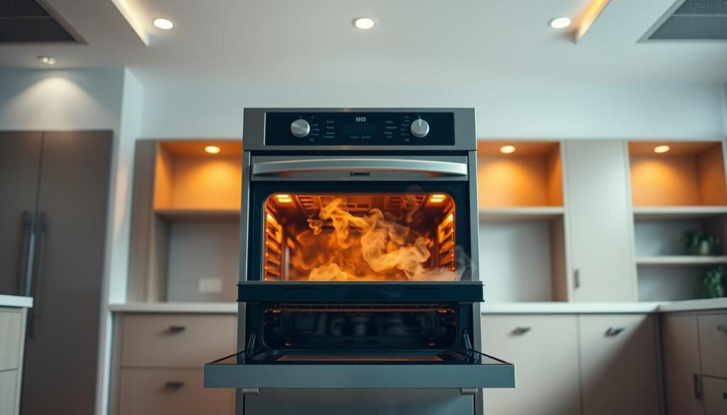 A spacious, well-lit kitchen interior with a modern self-cleaning oven taking center stage. The oven door is open, revealing the bright orange glow of the oven's self-cleaning cycle nearing completion. Wispy tendrils of steam escape the oven, creating a warm, atmospheric haze. The polished stainless steel exterior of the oven reflects the kitchen's clean, minimalist design. Subtle ambient lighting from recessed ceiling fixtures and a large window casts a soft, natural glow across the scene. The overall mood is one of anticipation and satisfaction, as the self-cleaning cycle has done its job, leaving the oven's interior spotless and ready for the next culinary adventure.