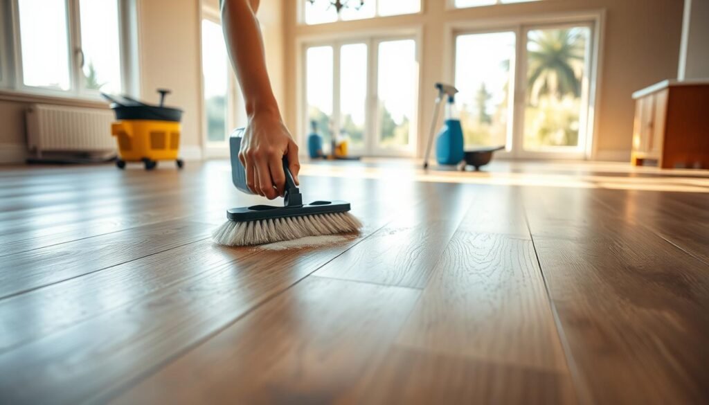 A spacious, well-lit room with warm, natural lighting flooding through large windows. The camera angle is slightly elevated, offering a clear view of the vinyl plank flooring undergoing a thorough deep cleaning process. In the foreground, a pair of hands carefully scrubs the floor using a specialized cleaning solution and a soft-bristle brush, removing any stubborn dirt or grime. The middle ground showcases the transformed flooring, its planks gleaming with a fresh, pristine sheen. In the background, cleaning supplies and tools are neatly organized, conveying a sense of efficiency and attention to detail. The overall atmosphere is one of diligence and a commitment to maintaining the beauty and longevity of the vinyl plank flooring.