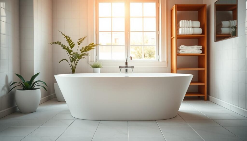 A spotless, gleaming bathtub set against a bright, airy bathroom. The tub's porcelain surface is pristine, reflecting the warm, natural lighting filtering in through a large window. Fluffy white towels are neatly folded on a wooden shelving unit, complementing the clean, minimalist aesthetic. The room's tiled floors and walls are meticulously scrubbed, exuding a sense of freshness and cleanliness. A few potted plants add a touch of greenery, creating a calming, spa-like atmosphere. The entire scene evokes a feeling of serenity and satisfaction, inviting the viewer to imagine the relaxing experience of stepping into this pristine, well-maintained bathtub.