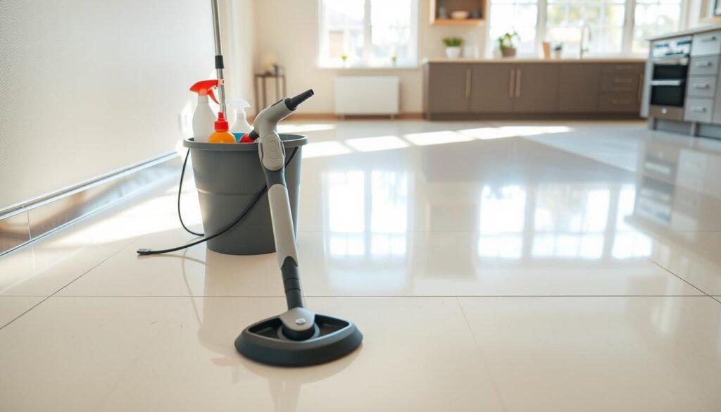 A spotless vinyl floor in a bright, well-lit kitchen. The floor gleams with a fresh, newly-cleaned shine, reflecting the natural light streaming in from large windows. In the foreground, a bucket filled with cleaning supplies and a mop stands ready for action. Nearby, a hand-held steam cleaner sits, its nozzle poised to deep clean the floor's crevices. The overall scene conveys a sense of cleanliness, order, and a job well done, with the vinyl floor the centerpiece of a meticulously maintained space.