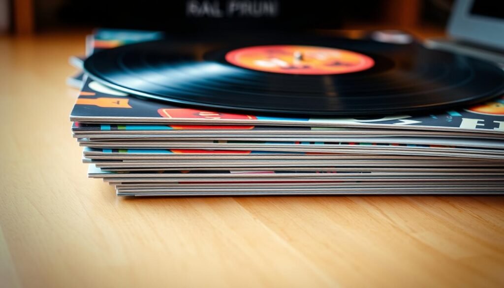 A stack of pristine vinyl records resting on a clean, wooden surface. The records are front-and-center, their sleeves showcasing colorful album art. Soft, diffused lighting from above casts a warm, almost ethereal glow, highlighting the smooth, unblemished surfaces of the vinyl. The background is subtly blurred, drawing the viewer's focus to the detailed textures and sheen of the records. The overall scene conveys a sense of care, attention, and the reverence one would have for a beloved musical format.
