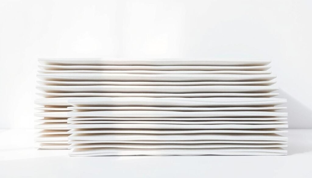 A stack of rectangular, pleated disposable air conditioning filters lie against a plain white background, illuminated by soft, diffused natural lighting. The filters are a light gray color, with a subtle textural pattern across their surfaces. They are arranged in an orderly, slightly staggered display, conveying a sense of cleanliness and organization. The lighting creates subtle shadows and highlights that accentuate the depth and dimensionality of the filters. The overall composition is simple and minimalist, allowing the filters to be the sole focus of the image. A stack of rectangular, pleated disposable air conditioning filters lie against a plain white background, illuminated by soft, diffused natural lighting. The filters are a light gray color, with a subtle textural pattern across their surfaces. They are arranged in an orderly, slightly staggered display, conveying a sense of cleanliness and organization. The lighting creates subtle shadows and highlights that accentuate the depth and dimensionality of the filters. The overall composition is simple and minimalist, allowing the filters to be the sole focus of the image.