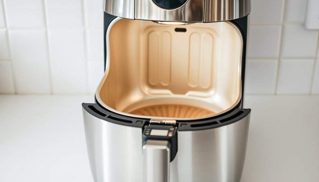 A stainless steel air fryer placed on a clean, white kitchen counter, its interior gleaming with a soft, even light. The appliance appears freshly wiped down, with no visible food residue or stains. The exterior is spotless, reflecting the surrounding environment. The overall scene conveys a sense of cleanliness, order, and efficiency, capturing the essence of a well-maintained air fryer ready for its next use.