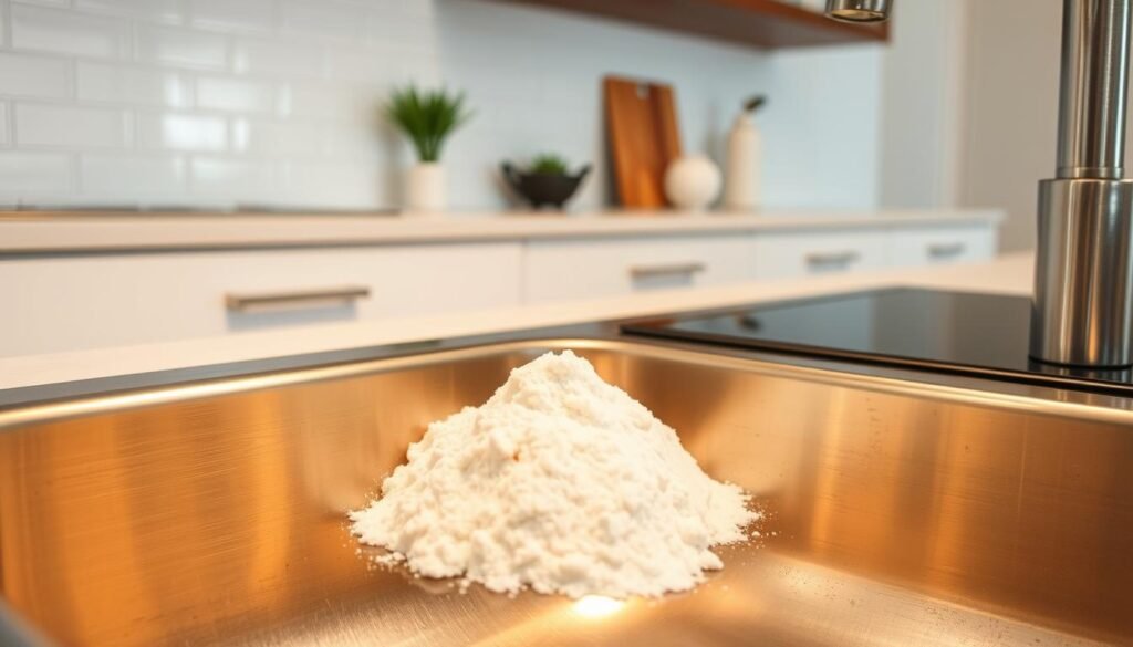 A stainless steel sink rests in the foreground, its shiny surface gleaming under the warm, diffused lighting. On the sink, a mound of baking soda sits ready to be scrubbed into the crevices, promising a thorough and gentle cleaning. The background is a clean, minimalist workspace, with a tile backsplash and a few simple, modern decor items, creating a serene and organized atmosphere. The camera angle is slightly elevated, capturing the sink at an angle that highlights its depth and the textures of the baking soda. The overall scene conveys a sense of effortless cleanliness and the satisfaction of a well-maintained, functional kitchen space.