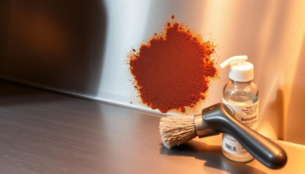 A stainless steel surface with a prominent rust stain, illuminated by a warm, directional light that casts subtle shadows. The rust appears as a textured, reddish-brown blemish, contrasting sharply with the smooth, shiny metal. In the foreground, a small, sturdy metal scrub brush and a bottle of rust removal solution are positioned, hinting at the imminent task of cleaning the affected area. The background is slightly blurred, keeping the focus on the rust-marked steel and the tools needed for its restoration.