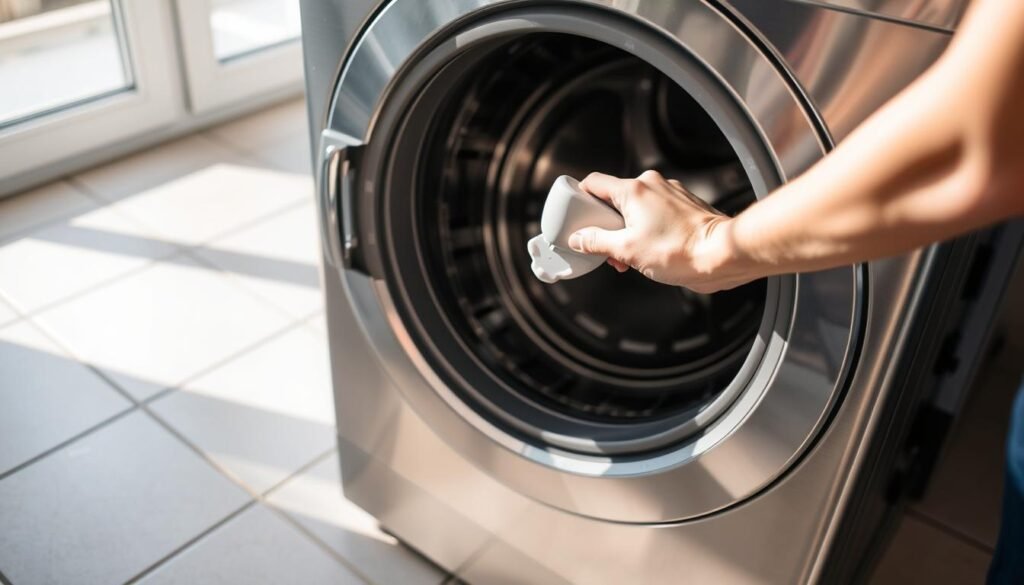 A stainless steel washer machine sitting on a tiled floor, with a person's hands using a descaling tool to clean the machine's interior. The scene is well-lit with natural sunlight streaming in through a window, casting soft shadows. The person's hands are focused on the task, showcasing the process of descaling the machine's components, such as the drum, gasket, and detergent dispenser. The overall atmosphere conveys a sense of diligence and attention to detail, emphasizing the importance of proper maintenance for the longevity of the appliance.