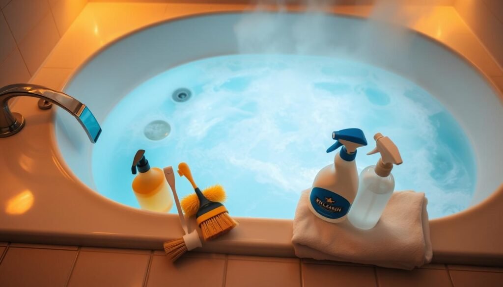 A steaming hot tub, its swirling waters illuminated by warm, gentle lighting. The tub's gleaming porcelain surface reflects the soft glow, creating a cozy, inviting atmosphere. Neatly arranged on a nearby tiled surface, a selection of cleaning tools and solutions stand ready - scrub brushes, chemical cleansers, and a fresh towel. The scene evokes a sense of relaxation and preparation, setting the stage for a thorough yet rejuvenating bathtub cleaning session.