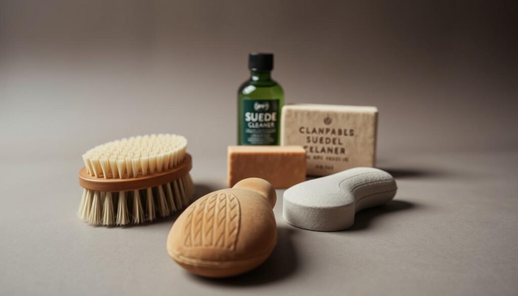 A tightly framed still life arrangement showcasing an array of suede cleaning tools. In the foreground, a suede brush with soft bristles and a suede eraser with a textured rubber head are positioned prominently. In the middle ground, a bottle of suede cleaner and a small suede cleaning block are arranged neatly. The background is a muted, neutral-toned surface, allowing the tools to take center stage. The lighting is soft and diffused, casting gentle shadows and highlighting the textures of the materials. The overall mood is one of utility and practicality, conveying the necessary items for maintaining the care and upkeep of suede footwear.