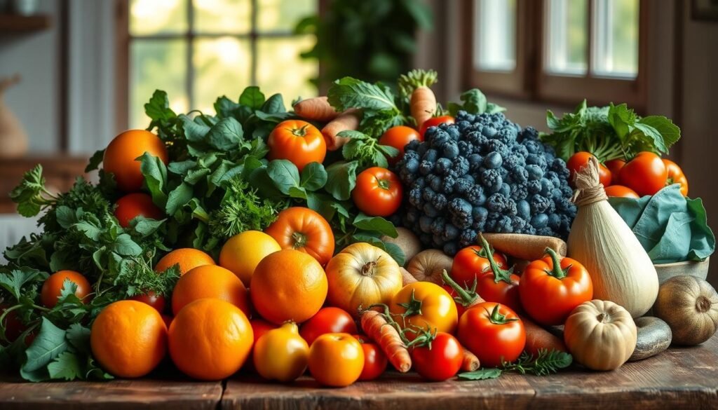 A vibrant still life composition of a diverse array of fresh fruits and vegetables, artfully arranged on a rustic wooden table. In the foreground, a bountiful display of juicy oranges, crisp apples, ripe tomatoes, and crunchy carrots, their natural textures and colors creating a visually appealing tableau. The middle ground features lush leafy greens, such as spinach and kale, complementing the vibrant produce. In the background, a soft, diffused natural light filters through a window, casting a warm, inviting glow over the scene. The overall mood is one of abundance, health, and the simple pleasures of fresh, wholesome ingredients.