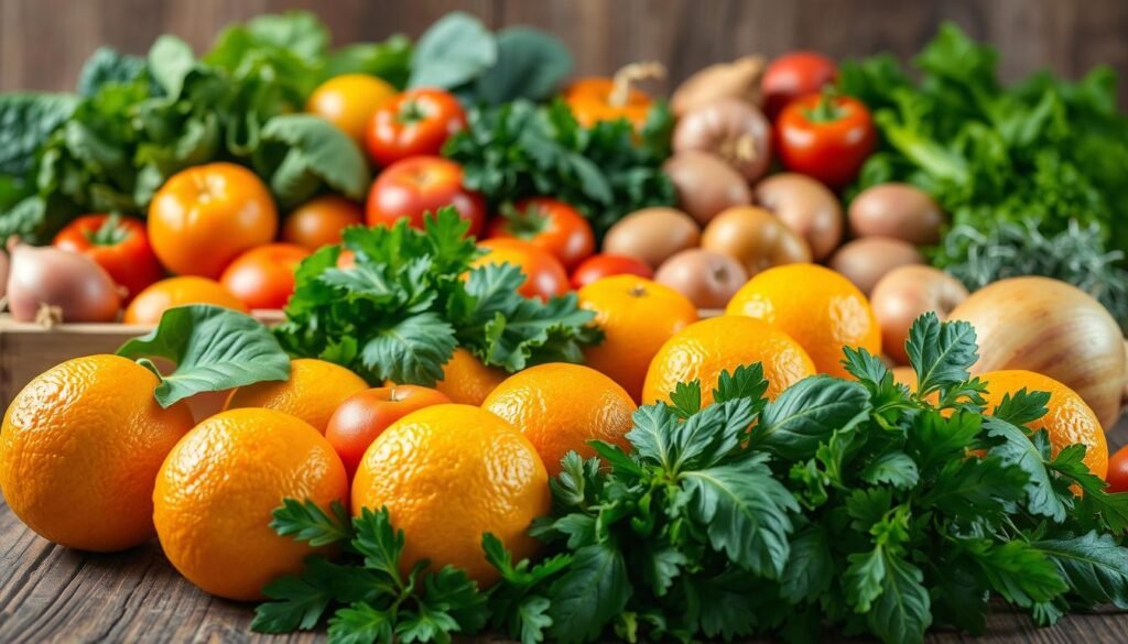 A vibrant still life featuring an assortment of freshly harvested produce, artfully arranged on a rustic wooden table. In the foreground, a pile of ripe, juicy oranges, their glistening peels emitting a zesty citrus aroma. Surrounding them, an array of crisp, verdant greens - leafy kale, vibrant spinach, and lush herbs. In the middle ground, a selection of colorful fruits, such as plump, red tomatoes and blushing apples, contrasting with the earthy tones of potatoes and onions. Soft, natural lighting bathes the scene, accentuating the produce's natural textures and vibrant hues. The overall mood is one of simplicity, freshness, and the joy of preparing a wholesome, nourishing meal.