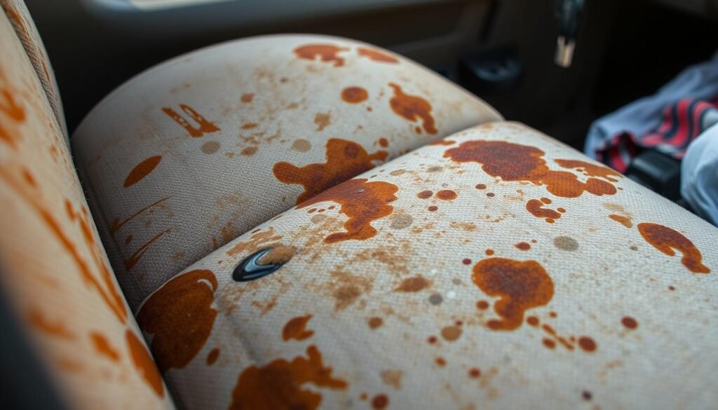 A vivid display of common cloth car seat stains, capturing the messy reality of everyday driving. In the foreground, a close-up view showcases a variety of stains - coffee spills, grease marks, and ground-in dirt, all under warm, natural lighting. The middle ground reveals a slightly worn and faded car seat, the material textured with years of use. In the background, a blurred view of the interior of the vehicle, hinting at the context of the scene. The overall mood is one of realistic imperfection, emphasizing the need for effective cleaning solutions to restore the seats to their former glory.