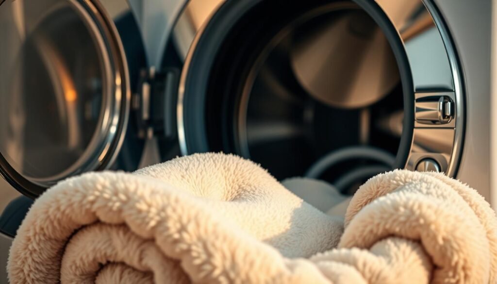 A washing machine holding a soft, plush weighted blanket, with gentle lighting casting a serene, calming atmosphere. The blanket is visible in the foreground, its folds and textures clearly defined. The washing machine itself takes up the middle ground, its chrome exterior gleaming under the warm lighting. The background is blurred, emphasizing the focus on the washing machine and the weighted blanket. The scene conveys the simplicity and ease of cleaning a weighted blanket in a home laundry setting.