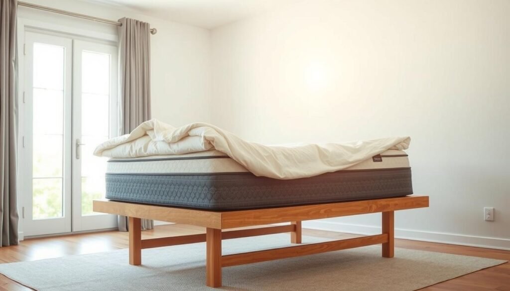 A well-lit, airy bedroom with a partially exposed mattress in the center, elevated on a sturdy wooden frame. The mattress is shown in profile, with its surface angled to catch the warm, natural light streaming in through a large window. The bedding has been carefully removed, revealing the bare mattress fabric, slightly damp from the cleaning process. The room is simple, with minimal furnishings, allowing the focus to remain on the mattress and the drying process. A sense of tranquility and cleanliness pervades the scene, emphasizing the importance of thoroughly drying the mattress to prevent odors or mold growth.