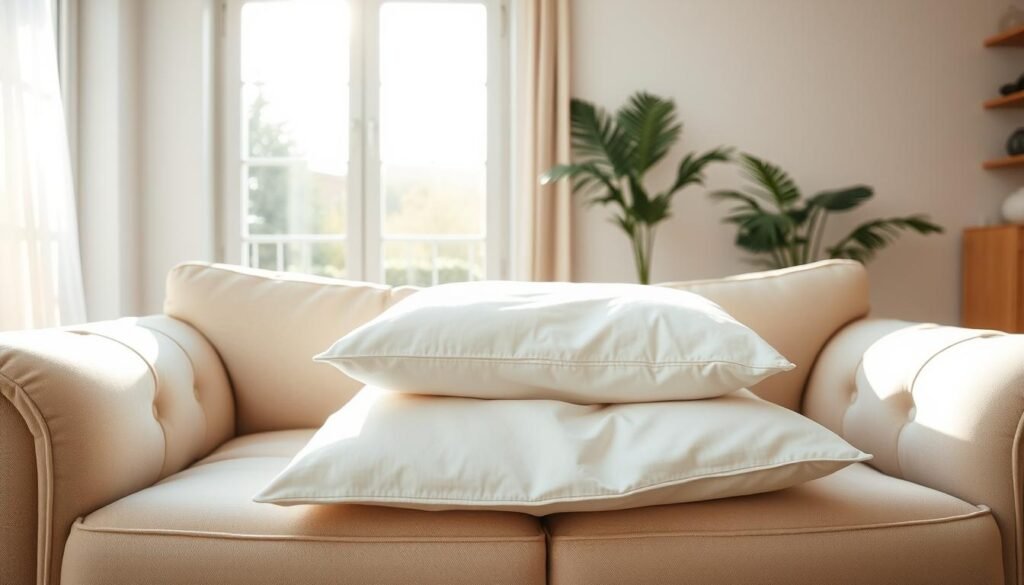 A well-lit, airy room with a plush, beige sofa in the center. A large, open window allows natural light to stream in, casting a warm glow. Atop the sofa, a freshly washed cushion is laid out, gently drying in the breeze. The cushion's fabric is crisp and clean, with a slight texture that suggests it has been thoroughly air-dried. The room's atmosphere is calm and serene, conveying a sense of rejuvenation and cleanliness. A subtle hint of a fresh, clean scent lingers in the air, suggesting effective odor control. The camera angle is slightly elevated, capturing the entire scene in a balanced, symmetrical composition.