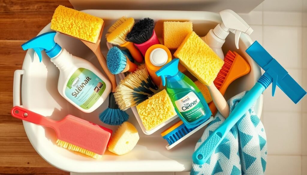 A well-lit arrangement of essential bathtub cleaning supplies, including a bucket filled with sponges, scrub brushes, and a variety of cleaning products such as tile cleaner, grout brush, and a squeegee, all neatly organized on a wooden surface. The scene is captured from a slight overhead angle, creating a clean and organized composition that showcases the tools needed for a thorough bathtub cleaning. The lighting is warm and natural, casting soft shadows and highlighting the textures of the different items. The overall mood is one of efficiency and preparedness, conveying the importance of having the right tools on hand for a successful bathtub cleaning.