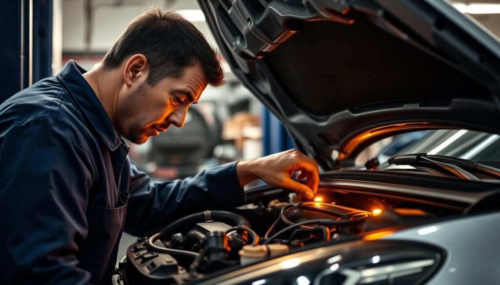 A well-lit automotive workshop, with a mechanic in a blue jumpsuit intently examining the engine compartment of a car on a hydraulic lift. The engine bay is illuminated with a warm, focused light, revealing the intricate network of hoses, wires, and components. The mechanic's brow is furrowed in concentration as they meticulously inspect the engine, searching for the source of the persistent check engine light. The background is slightly blurred, creating a sense of depth and focus on the mechanic's task. The overall atmosphere is one of professionalism and problem-solving, capturing the essence of a skilled technician addressing a challenging diagnostic issue. A well-lit automotive workshop, with a mechanic in a blue jumpsuit intently examining the engine compartment of a car on a hydraulic lift. The engine bay is illuminated with a warm, focused light, revealing the intricate network of hoses, wires, and components. The mechanic's brow is furrowed in concentration as they meticulously inspect the engine, searching for the source of the persistent check engine light. The background is slightly blurred, creating a sense of depth and focus on the mechanic's task. The overall atmosphere is one of professionalism and problem-solving, capturing the essence of a skilled technician addressing a challenging diagnostic issue.