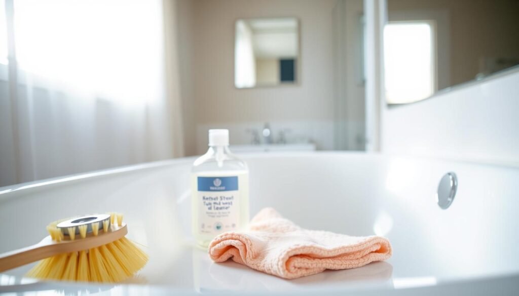A well-lit bathroom interior, the focus centered on a gleaming porcelain bathtub. In the foreground, an array of cleaning supplies - a scrub brush, a bottle of gentle tub cleaner, and a microfiber cloth. The middle ground features the tub itself, its surface spotless and shining, reflecting the room's bright lighting. In the background, a window with sheer curtains allows natural light to filter in, creating a calming, serene atmosphere. The overall scene conveys a sense of a thorough, yet relaxed, bathtub cleaning routine.