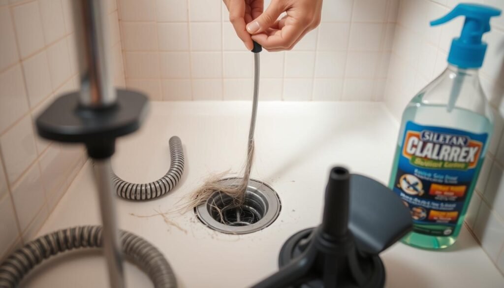 A well-lit bathroom interior with a close-up view of a shower drain. The drain is partially clogged, with visible hair and debris. In the foreground, there are various cleaning tools such as a drain snake, a plunger, and a bottle of drain cleaner. The middle ground features a person's hands using the drain snake to clear the clogged drain. The background shows the tiled shower walls and floor, creating a clean and organized atmosphere. The lighting is soft and natural, emphasizing the details of the cleaning process. The overall mood is one of a straightforward, practical DIY task with a focus on effectively unclogging and cleaning the shower drain.