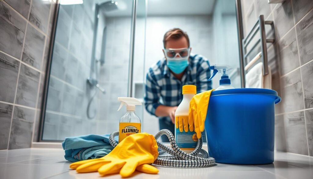 A well-lit bathroom interior with a modern shower stall. In the foreground, an array of cleaning supplies - rubber gloves, a plumber's snake, a bucket, and a bottle of drain cleaner. In the middle ground, a person wearing safety goggles and a mask, demonstrating proper protective gear when working on the shower drain. The background shows tiled walls, a towel rack, and a mirror, conveying a sense of a clean, organized bathroom space. The lighting is bright and even, highlighting the importance of safety and visibility when undertaking this task. The overall mood is one of diligence and caution, emphasizing the need to prioritize safety when maintaining one's home.
