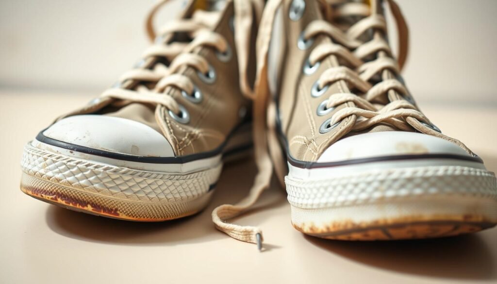 A well-lit, close-up image of a pair of Converse shoes placed on a clean, light-colored surface. The shoes are positioned at an angle, with the laces untied and hanging down, ready for a thorough cleaning. The foreground showcases the worn but still vibrant rubber toe cap and the textured canvas upper, inviting the viewer to examine the details. The middle ground highlights the laces, which are slightly frayed, and the metal eyelets, hinting at the need for some light maintenance. The background is a soft, out-of-focus blur, creating a sense of focus and emphasis on the shoes themselves. The overall mood is one of anticipation, as the viewer is prepared to embark on the journey of restoring the Converse shoes to their former glory.