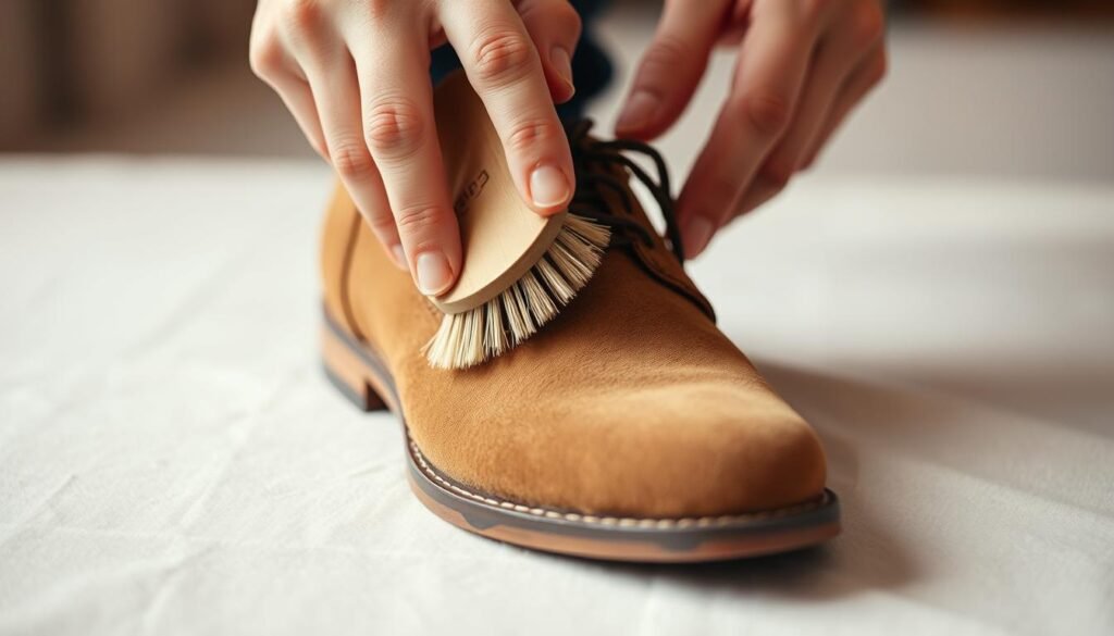 A well-lit close-up of a person's hands carefully brushing a suede shoe with a soft suede brush, focusing on the intricate textures and fibers of the material. The shoe is placed on a neutral, clean surface, with a sense of focus and attention to detail. The lighting is soft and diffused, creating a warm, inviting atmosphere that highlights the delicate nature of the suede. The prompt should convey a step-by-step, instructional tone, guiding the viewer through the process of properly cleaning suede shoes.