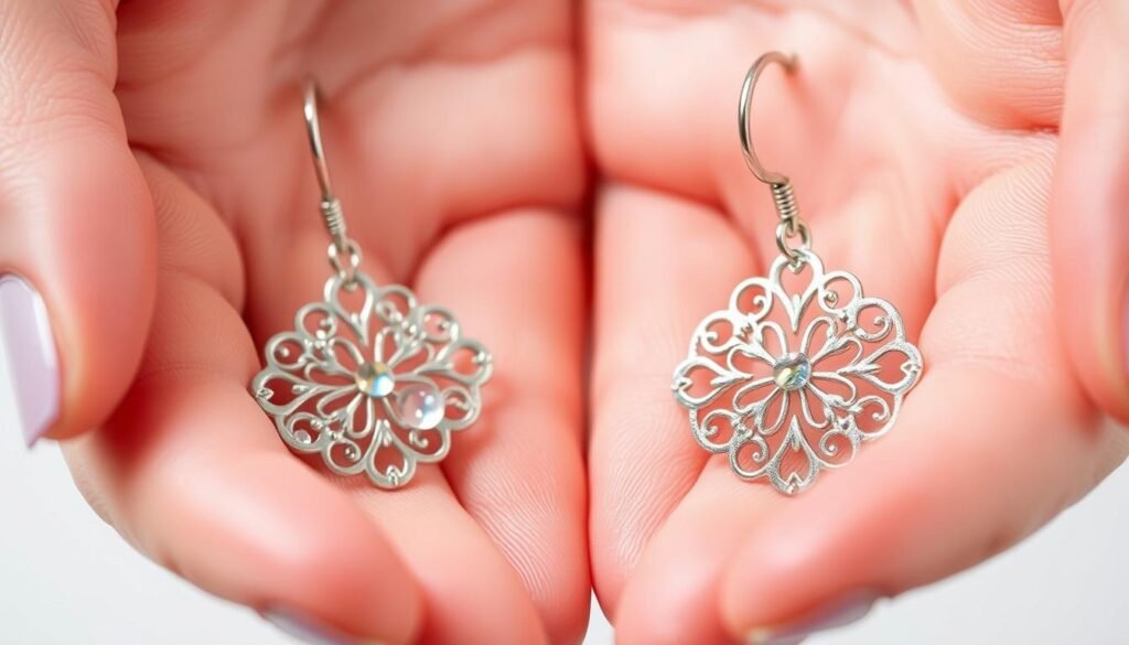 A well-lit close-up of two disinfected earrings, one in each hand, against a clean white background. The earrings are made of sterling silver, with delicate filigree designs. Droplets of clear disinfectant solution, either rubbing alcohol or hydrogen peroxide, glisten on the metal surfaces. The lighting is soft and even, highlighting the intricate details of the earrings. The image conveys a sense of cleanliness, care, and attention to detail, suitable for illustrating a guide on proper earring disinfection. A well-lit close-up of two disinfected earrings, one in each hand, against a clean white background. The earrings are made of sterling silver, with delicate filigree designs. Droplets of clear disinfectant solution, either rubbing alcohol or hydrogen peroxide, glisten on the metal surfaces. The lighting is soft and even, highlighting the intricate details of the earrings. The image conveys a sense of cleanliness, care, and attention to detail, suitable for illustrating a guide on proper earring disinfection.