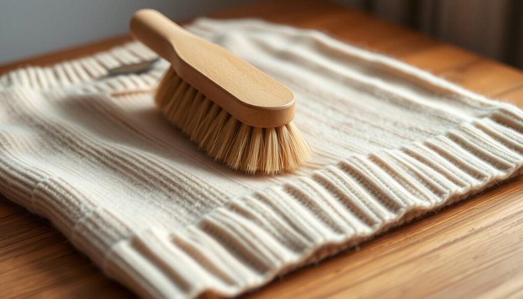 A well-lit, close-up photograph of a cashmere sweater being gently cleaned with a soft brush on a wooden surface. The sweater is a pale beige color, and the brush has thick, natural bristles. The lighting is soft and diffused, creating a warm, comforting atmosphere. The background is blurred, keeping the focus on the delicate cleaning process. The angle is slightly angled, providing a clear view of the sweater and the brush in action, showcasing the care and attention required for spot cleaning cashmere.