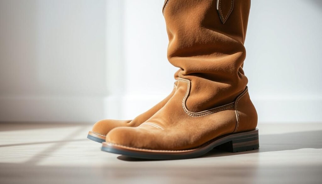 A well-lit, close-up photograph of a pair of meticulously cared for, pristine suede boots. The boots are the focal point, occupying the foreground, with a clean, minimalist background that allows the rich, velvety texture of the suede to shine. Soft, natural lighting casts a subtle glow, accentuating the clean, unblemished surface of the boots. The angle is slightly angled to showcase the intricate stitching and clean lines of the boot design. The mood is one of pride and care, conveying the idea of preserving the beauty and longevity of a beloved pair of suede boots through diligent maintenance.
