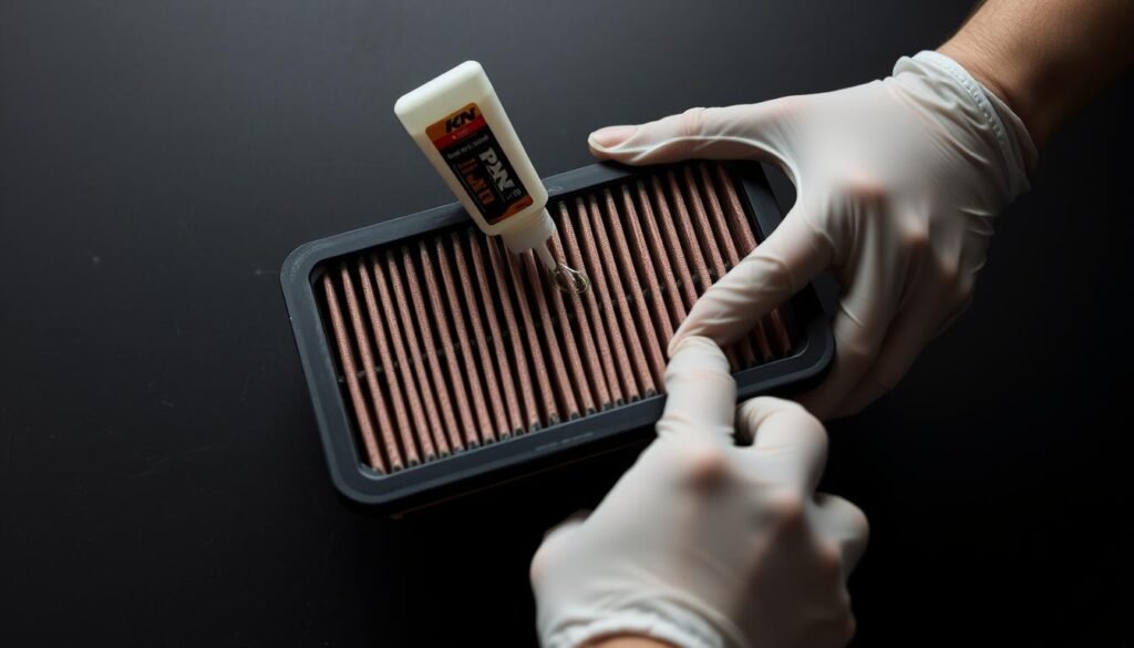 A well-lit close-up scene of a person's hands carefully re-oiling a K&N air filter. The filter is held against a dark, clean work surface, allowing the focus to be on the intricate procedure. The hands are wearing light-colored, latex-free gloves, and the person is using a small, precision oil applicator to evenly distribute a thin layer of high-quality air filter oil across the pleated filter material. The lighting is soft and directional, creating gentle shadows that accentuate the texture and contours of the filter. The overall mood is one of attentive care and maintenance, perfectly suited for illustrating the "Re-Oiling Your K&N Air Filter" section of the article.