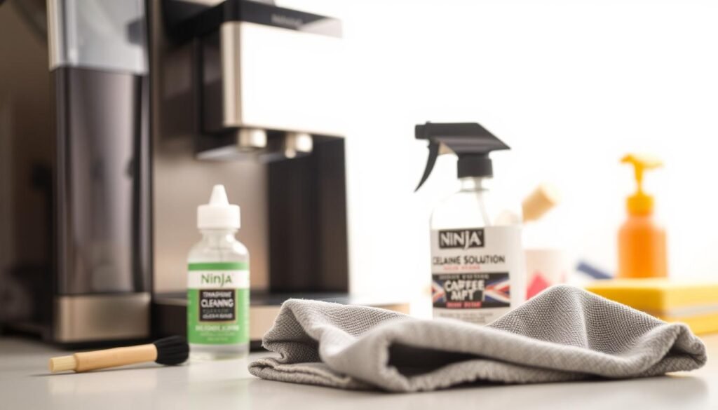 A well-lit, close-up shot of a neatly arranged collection of cleaning supplies for a Ninja brand coffee maker. In the foreground, a microfiber cloth, a small brush, and a descaling solution bottle stand out against a white background. The middle ground features the compact and sleek Ninja coffee machine, its stainless steel and black finish gleaming under soft, directional lighting. In the background, a few other cleaning tools like a sponge and a small scrub brush are visible, creating a sense of depth and a comprehensive set of items needed for properly maintaining the coffee maker.