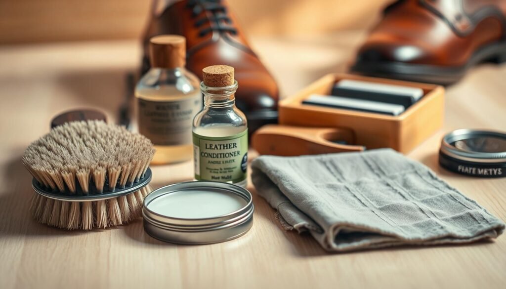 A well-lit, close-up shot of a neatly arranged collection of leather shoe care tools and products on a light-colored wooden surface. In the foreground, a soft bristle brush, a tin of polish, and a soft cloth for buffing. In the middle ground, a small glass bottle of leather conditioner and a horsehair shine brush. In the background, a shoe shine kit with polishing pads and a small tin of wax. The overall lighting is warm and natural, creating a clean, professional, and inviting atmosphere for the viewer to imagine themselves carefully maintaining their leather shoes.