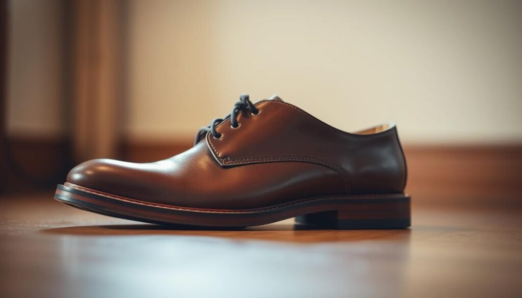 A well-lit, close-up shot of a pair of clean, polished leather dress shoes resting on a smooth, hardwood surface. The shoes are positioned at a slight angle, allowing the viewer to see the intricate details of the stitching, the supple texture of the leather, and the gleaming shine of the soles. The lighting is soft and diffused, creating a warm, inviting atmosphere that emphasizes the quality and craftsmanship of the footwear. The background is blurred, keeping the focus on the shoes and creating a sense of depth and dimension.