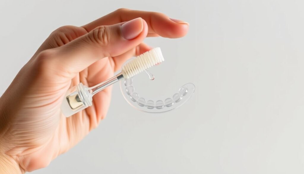 A well-lit, close-up shot of a person's hand holding a set of transparent Invisalign aligners. The aligners are being gently wiped down with a small, soft-bristle toothbrush dipped in a clear cleaning solution. The aligners are positioned against a plain, neutral-colored background, allowing the cleaning process to be the focal point. The lighting is soft and diffused, highlighting the transparent nature of the aligners and the delicate movements of the hand. The overall mood is one of efficiency and care, conveying the ease and importance of on-the-go Invisalign cleaning.