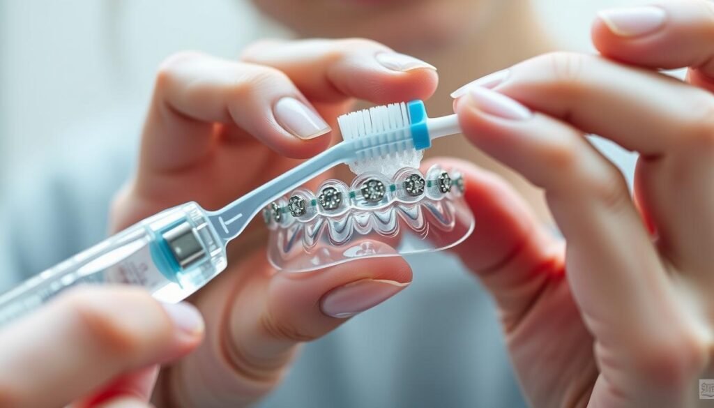 A well-lit close-up shot of a person's hands gently scrubbing a clear plastic orthodontic retainer with a soft-bristle toothbrush and a mild cleaning solution. The retainer is attached to metallic braces, meticulously cleaned between each bracket. The scene conveys a sense of care and attention to detail, with the background subtly blurred to keep the focus on the cleaning process. The lighting is soft and diffused, emphasizing the intricate texture of the braces and the transparent retainer material. The overall mood is one of diligence and personal hygiene.