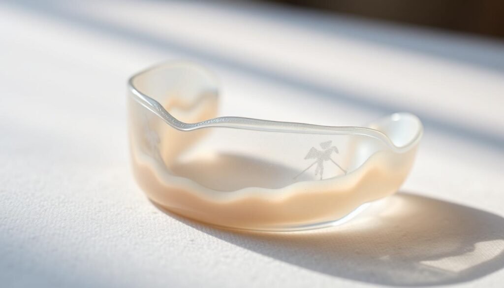 A well-lit, close-up shot of a transparent mouth guard resting on a clean, soft surface. The guard's shape is slightly distorted, with visible discoloration and a faint odor emanating from it. The background is blurred, drawing the viewer's attention to the problematic dental appliance. Subtle shadows and reflections enhance the level of detail, showcasing the nuances of the issue at hand. The composition conveys a sense of concern and the need for proper maintenance, setting the stage for the "Troubleshooting smells, stains, and shape issues" section of the article.