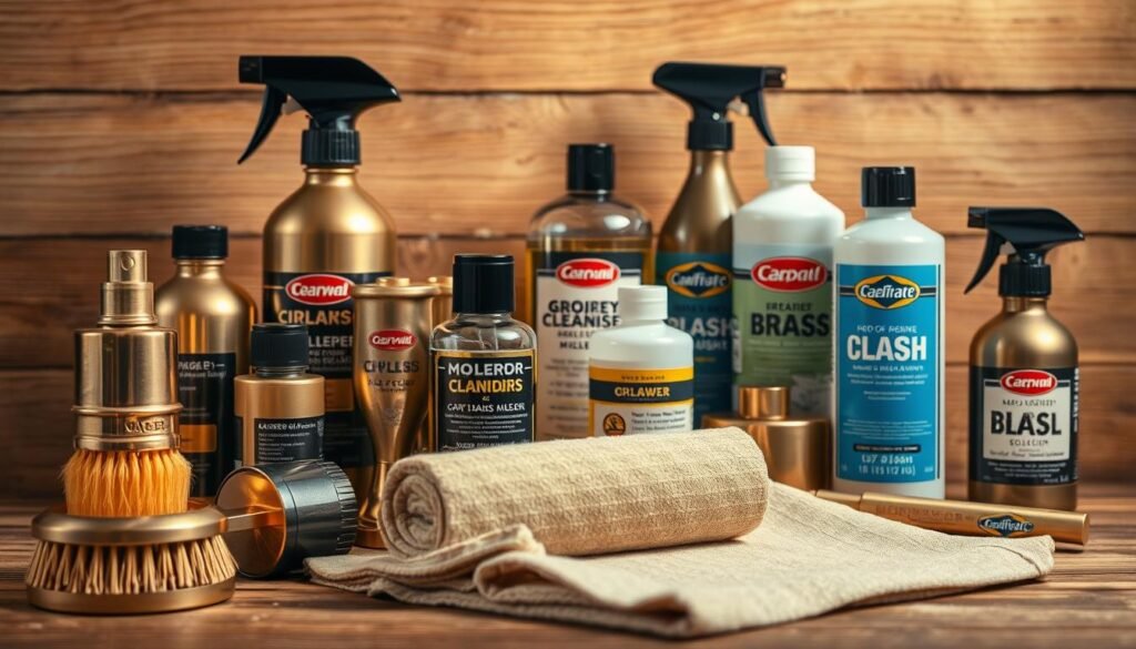 A well-lit, close-up still life shot of an assortment of commercial brass cleaning products. The foreground features various brass polish bottles, metal brushes, and soft cloths. The middle ground showcases a selection of brass cleaning solutions in different sizes and formulations. In the background, a wooden surface with a subtle grain texture provides a natural, rustic setting. Warm, directional lighting casts subtle shadows, highlighting the lustrous, reflective surfaces of the brass-cleaning tools and products. The overall mood is one of professional-grade cleaning equipment, conveying the high-quality solutions needed to restore and maintain the shine of brass surfaces.