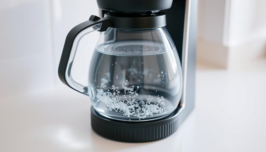 A well-lit, close-up view of a Ninja coffee maker carafe resting on a clean, white countertop. The carafe is made of clear glass, revealing the sparkling water inside. The carafe's lid is open, showcasing its intricate design and mechanism. Soft, diffused lighting highlights the carafe's elegant shape and reflects off the water's surface, creating a serene, inviting atmosphere. The composition emphasizes the carafe's importance in the coffee-making process, drawing the viewer's attention to this essential component of the Ninja Coffee Maker.